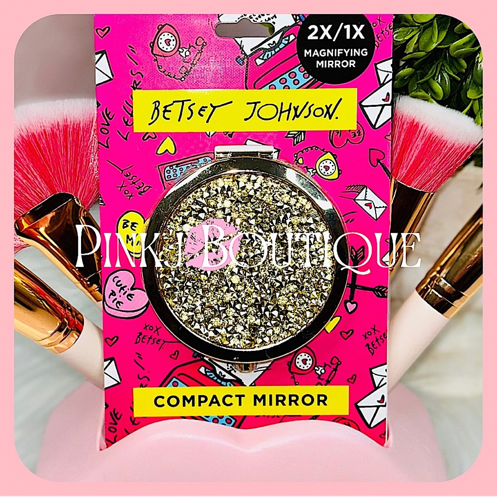 💗💄{Betsey Johnson} Gold Rhinestones 2X 1X Bling Magnifying Compact Mirror!